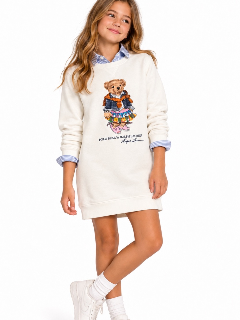 Ralph Lauren White Girls Polo Bear Sweatshirt Dress Size Large 12/14